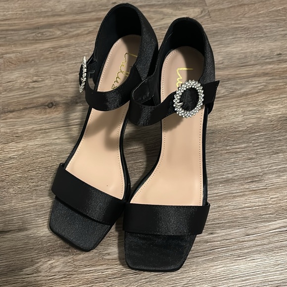 Satin Rhinestone Block Heels - Picture 2 of 10